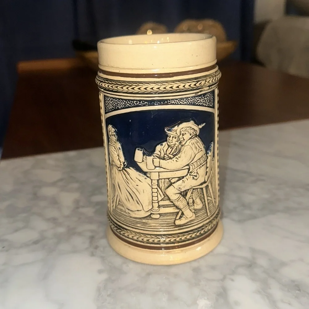 Vintage Ceramic Beer Stein with Blue and Cream Design - Picture 2 of 9